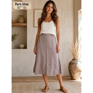 Puro Lino Italy 100% Linen Midi Skirt Taupe Mauve A-Line Panel Boho Size M